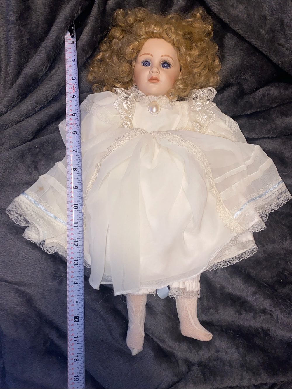 Vintage Seymour Mann Blonde Curly-Haired Porcelain Doll in White Lace Dress